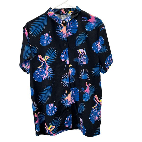 Dutch Bros Hawaiian Shirt size M Women Button Up Black Blue Windmill Palm - Picture 1 of 4
